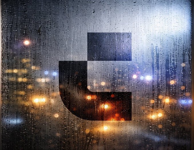 A rainy windowpane with a stylized "JC" logo overlaid, city lights glowing blurred behind the water droplets, evoking the post's moody metaphor of unpredictable market weather.