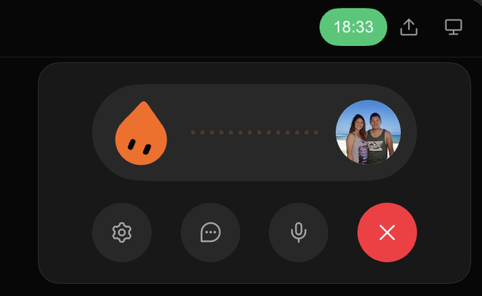 A dark-themed app interface showing a call screen with the time 18:33, featuring an orange character icon connected by dots to a profile photo of a couple, with control buttons below.
