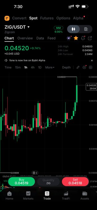 A Bybit trading app screenshot displaying the ZIG/USDT chart on a 1-hour timeframe, showing a price of 0.04520 USDT with a +9.74% gain, alongside a vivid green bullish candle highlighted at 0.04600, matching the post's excitement about ZIG's strong upward price action.