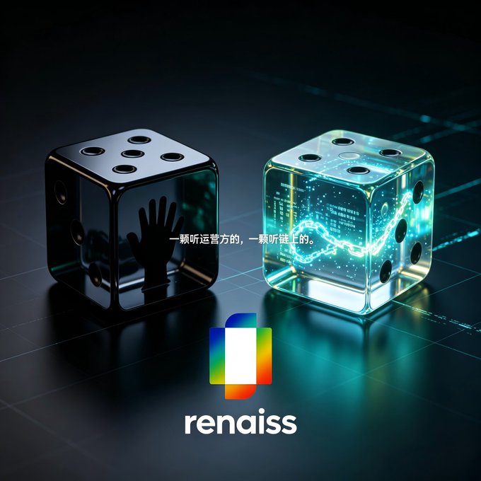 A promotional graphic for 'renaiss' featuring two dice—one black with a handprint reflection and one transparent/glowing with digital circuitry—against a dark background with Chinese text reading '一颗听运营方的，一颗听链上的。'