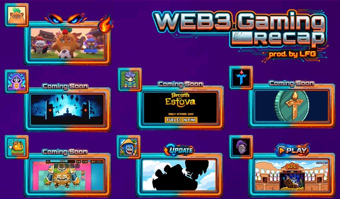 A purple promotional graphic for "WEB3 GAMING RECAP prod. by LFG" displays six game thumbnails with labels like "Coming Soon," "Broath Estotva PUBLIC ALPHA," "UPDATE," and "PLAY," featuring various video game artwork.