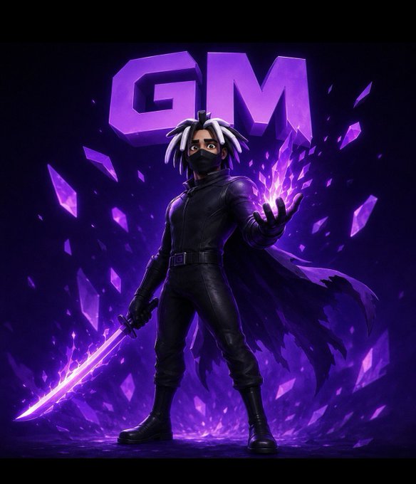 A digital illustration of a character in a black ninja outfit wielding a purple glowing sword, with one hand emitting purple energy, standing in front of large purple 'GM' text and crystal shards.