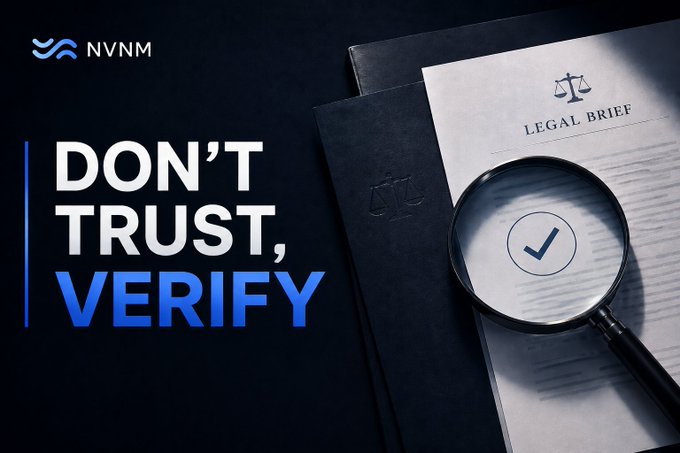 A promotional graphic for NVNM with the bold text "DON'T TRUST, VERIFY", alongside an image of a "LEGAL BRIEF" document, a magnifying glass with a checkmark, and a folder.