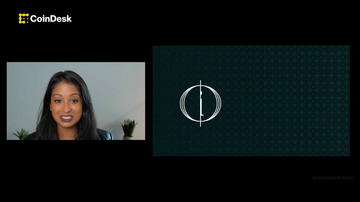 The image shows a split-screen video call featuring a CoinDesk-branded interview, with a woman on the left side and a green-tiled graphic displaying the "CoinDesk" logo on the right, along with "IN PARTNERSHIP WITH" text. The visual complements the post's discussion about tokenized shares and shareholder rewards, though it doesn't show the featured @Bullish or ThomasCowan93 speakers mentioned in the accompanying caption.