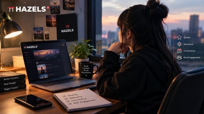 A woman works on a laptop displaying the "HAZELS" website in a dimly lit workspace, with a notebook listing Quality, Relevance, Consistency, and Real Engagement beside her.