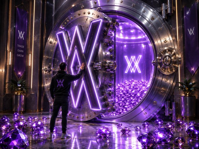 A man in a black hoodie touches a giant illuminated purple vault door featuring a neon 'X' logo, with banners reading 'TRADE EARN GROW' and piles of purple gems surrounding him.