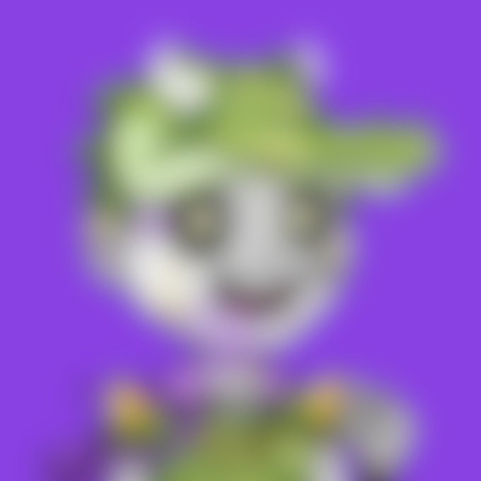 A blurry, heavily pixelated image shows a cartoonish character against a bright purple background, featuring what appears to be a white figure wearing a green cap or hat, with a smiling face and a green shirt visible at the bottom of the frame. The image's low resolution and distorted quality seem to reflect the poster's uncertainty and skepticism about the developer's claim that something is "very close," with the eyes emoji 👀 in the caption suggesting cautious anticipation or doubt about an unconfirmed update.