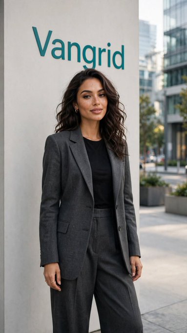 A woman in a dark gray suit stands in front of a wall with the text 'Vangrid' displayed in teal letters.
