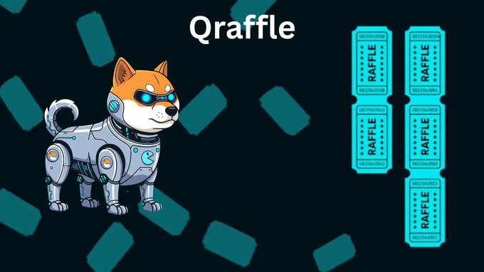 A graphic titled 'Qraffle' shows a cartoon robotic Shiba Inu dog next to four teal raffle tickets arranged in a cross pattern.