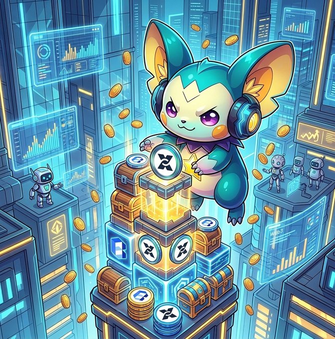 A cute teal fox-like creature with large ears and headphones sits atop a glowing stack of cryptocurrency coins, treasure chests, and reward tokens in a futuristic neon cityscape filled with holographic data displays. The image's emphasis on digital wealth, treasure, and reward symbols visually reinforces the post's message about earning $WORLD and $BUILD token rewards through gameplay.