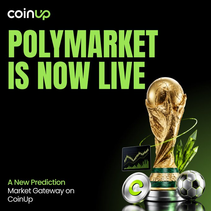 The image features an award that appears to be made of plastic material, placed on top of three soccer balls. It seems like a promotional post for CoinUp. The title of the image reads "Polymarket Is Now Live" with a new perspective that could mean it's not just about cryptocurrency, but also about something else related to the market or events taking place in it. The main focus is on the award and how they connect to the coinup advertisement.