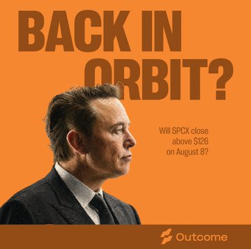 An orange poster featuring a profile photo of Elon Musk with the headline 'BACK IN ORBIT?' and the question 'Will $PCX close above $126 on August 8?' branded by 'Outoome'.