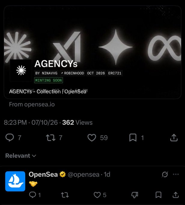 A screenshot of a social media post showing the AGENCYs NFT Collection by NINAVVG and ROBINHOOD on OpenSea, marked as 'Minting Soon' with 362 views and 59 likes.