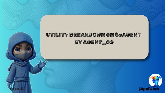 A graphic presentation slide features a blue-clad cartoon character holding a sign that reads 'UTILITY BREAKDOWN ON $sAGENT BY AGENT_OS'. The handles '@i_am_jbs' and '@AgentOS_tech' are visible.