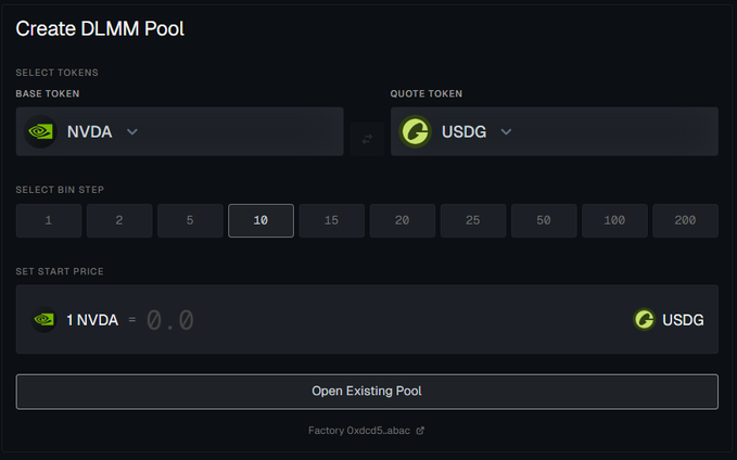 A dark interface titled 'Create DLMM Pool' shows token selection with NVDA as the base token and USDG as the quote token, with bin step options and an 'Open Existing Pool' button at the bottom.