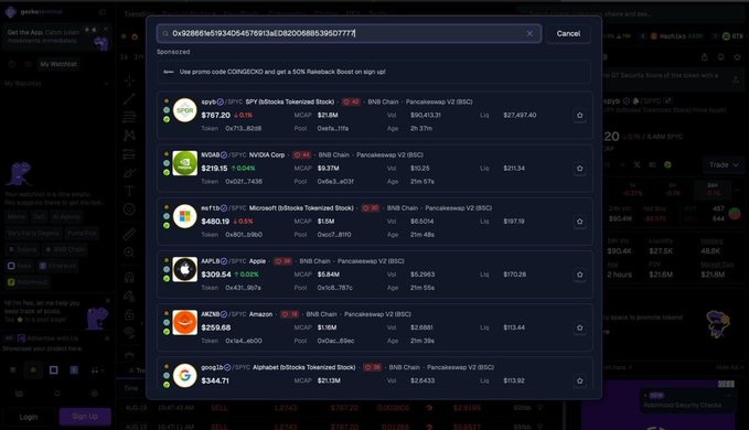 The image shows a "Sponsored" promotional pop-up on DexScreener displaying the contract address "0x928661e1934D54576913aED820068B5395D7777" with the message "Use promo code COINSBCKR and get a 5.00% Rebate/Booster in wgp up!", highlighting stocks like SPY, NVDA, MSFT, AAPL, AMZN, and GOOG tokenized on PancakeSwap V2 (BSC). This relates to the post by showcasing the SpyChain platform's promotion on DexScreener, where $SPYB is the native gas asset and these tokenized stocks are tradable on the network.