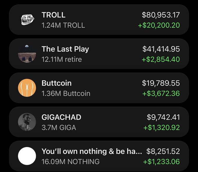 A crypto portfolio tracker displays five meme coin holdings with their values and gains: TROLL at $80,953.17 (+$20,200.20), The Last Play at $41,414.95 (+$2,854.40), Buttcoin at $19,789.55 (+$3,672.36), GIGACHAD at $9,742.41 (+$1,320.92), and "You'll own nothing & be ha..." at $8,251.52 (+$1,233.06), all showing positive returns that illustrate the benefits of dollar-cost averaging into meme coins.