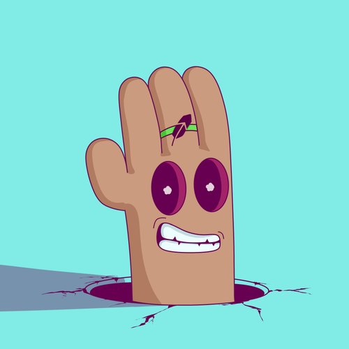 A cartoon hand character with large purple eyes and a nervous grin sticks out of a cracked surface on a turquoise background, with a colorful broken ring or mark on one finger.