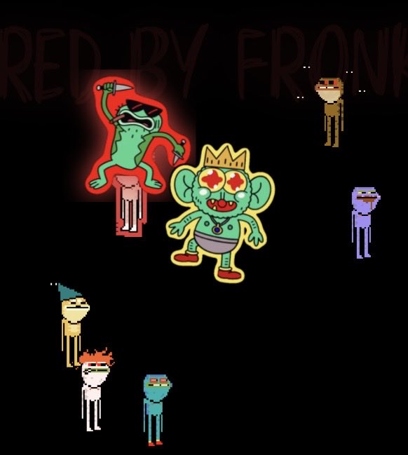 A digital illustration with 'RED BY FRANK' text at the top, featuring a green crowned character in the center surrounded by other small cartoon figures and a larger figure with a hood.