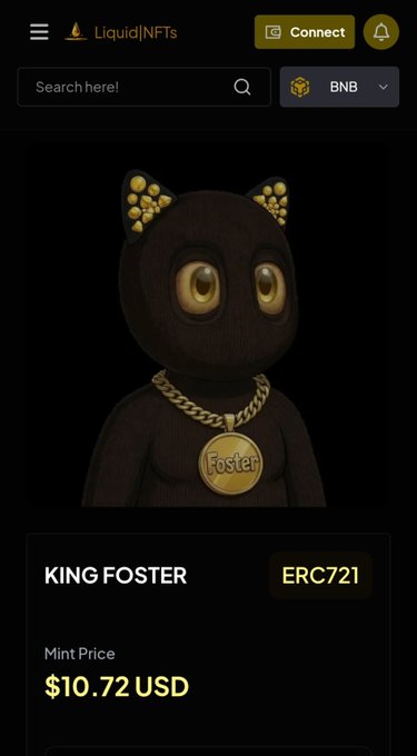 A mobile webpage for Liquid NFTs displays a character called “KING FOSTER,” the token type “ERC721,” and a mint price of “$10.72 USD.”