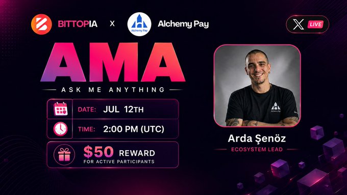 The image is a promotional graphic for a Bittopia x Alchemy Pay AMA (Ask Me Anything) session on X (Twitter) Live, scheduled for July 12th at 2:00 PM (UTC), featuring Ecosystem Lead Arda Şenöz with a $50 reward for active participants. Note: the date on the image shows "JUL 12TH," which differs from the post's mentioned date of July 20th.