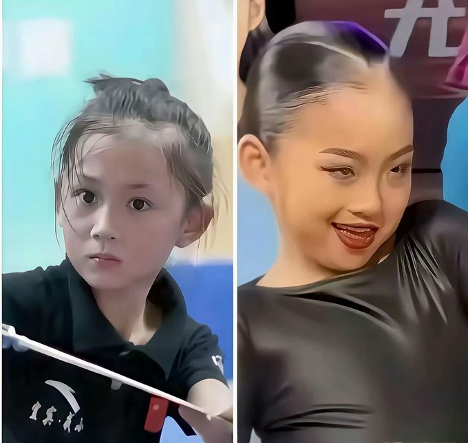 A side-by-side comparison shows a young girl in a black shirt holding a badminton racket next to an adult woman with dramatic makeup and slicked-back hair in a similar black outfit.