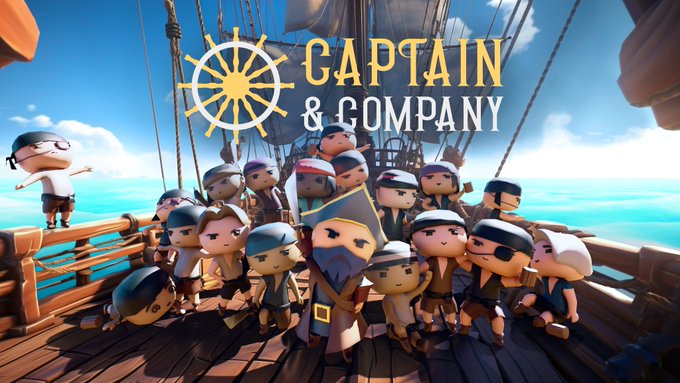 Promotional artwork for "CAPTAIN & COMPANY" showing a group of cartoon pirate characters gathered on the deck of a ship under a sunny sky.