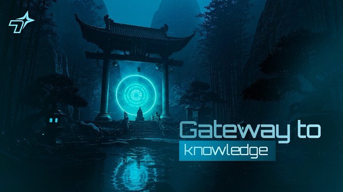 A dark, atmospheric landscape shows a glowing blue portal beneath a large traditional gate, accompanied by the text 'Gateway to knowledge' and a star logo.