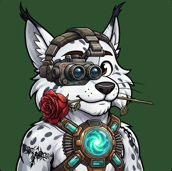 Digital artwork of a white spotted anthropomorphic feline character wearing tactical binoculars, holding a red rose in its mouth, and sporting a steampunk-style chest piece with a glowing teal orb.