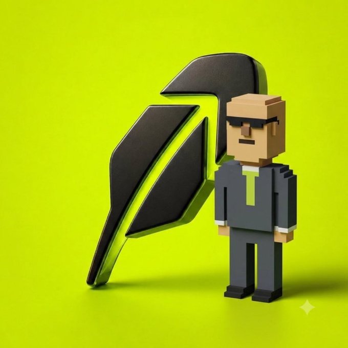 A 3D render of a blocky, pixel-style character in a black suit with green tie and sunglasses, standing next to a large dark wing or leaf structure on a bright green background.