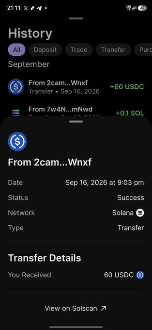 A mobile app 'History' screen showing transaction filters and entries for September, including a +60 USDC transfer from '2cam...Wnxf' on Sep 16, 2026, with transfer details showing the 60 USDC received on the Solana network.