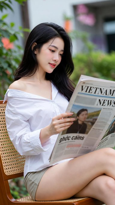 A young woman with long black hair sits in a wicker chair outdoors, wearing a white off-shoulder blouse and reading a newspaper titled 'VIETNAM NEWS' with the headline 'ghức cảm'.
