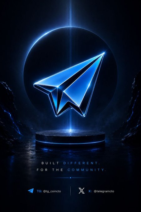 A glowing blue 3D paper airplane logo (Telegram icon) displayed on a pedestal in a dark environment. The text below reads 'BUILT DIFFERENT. FOR THE COMMUNITY.' and includes contact handles '@tg_coincto' on Telegram and '@telegramcto' on X.