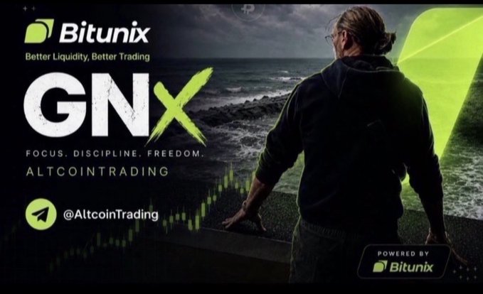 A promotional graphic features a man looking out at a stormy sea alongside the text "Bitunix," "Better Liquidity, Better Trading," "GNX," "FOCUS. DISCIPLINE. FREEDOM." and the Telegram handle "@AltcoinTrading."