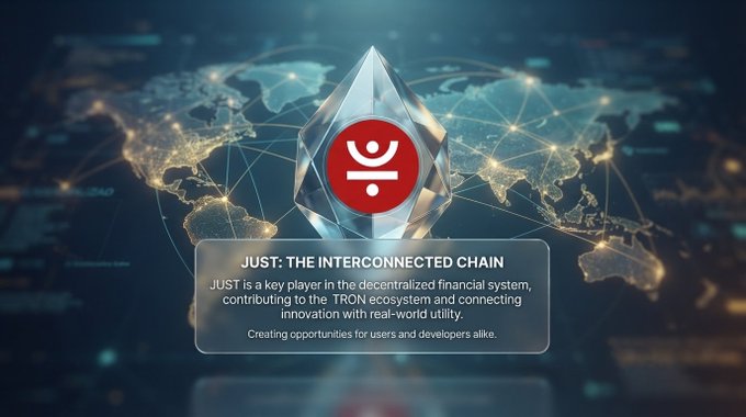 A promotional image for 'JUST: THE INTERCONNECTED CHAIN' featuring a diamond-shaped crystal logo over a world map background, with text explaining JUST as a key player in the decentralized financial system on the TRON ecosystem.