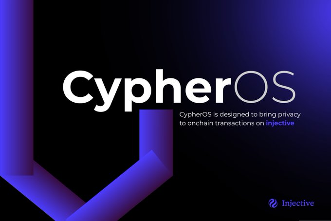 A promotional graphic for 'CypherOS' by Injective, stating it is designed to bring privacy to onchain transactions on Injective, with a dark blue gradient background.