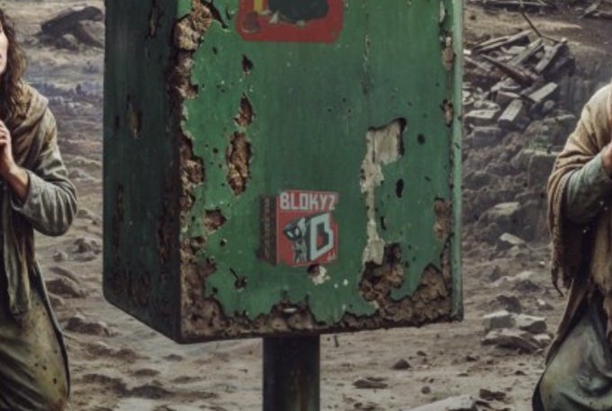 A weathered, bullet-riddled green sign in a post-apocalyptic landscape features stickers with "BLOKYZ" and a "D" logo, evoking the imagery of NFT collectibles as zombie-like relics from a bygone era.