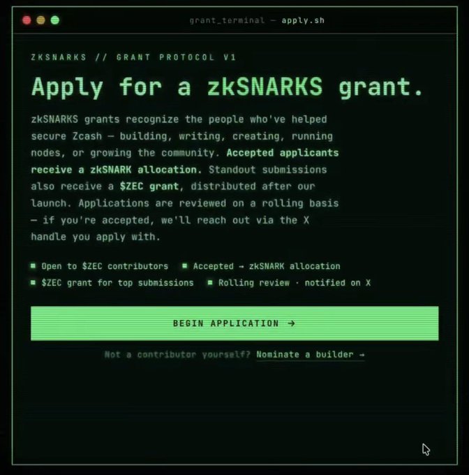 A screenshot of a terminal-style webpage titled 'Apply for a zkSNARKS grant' with text explaining grants for Zcash contributors and a 'BEGIN APPLICATION' button.