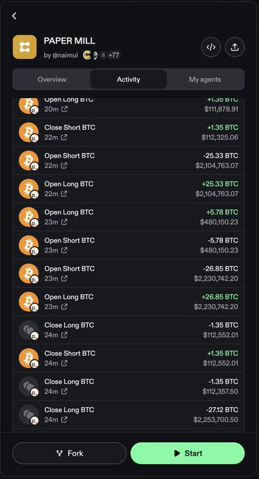A mobile app screenshot shows the 'PAPER MILL' trading activity by @naimul, displaying a list of BTC trades (Open/Close Long and Short positions) with their respective profits and timestamps, along with 'Fork' and 'Start' buttons.