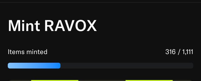 The image displays a "Mint RAVOX" progress screen showing that 316 of the maximum 1,111 items have been minted, represented by a partially filled blue progress bar against a black background.

Note: There's a discrepancy between the post text (which states 366/1111 minted) and the image (which shows 316/1,111), suggesting the post may have been made just before additional mints occurred.