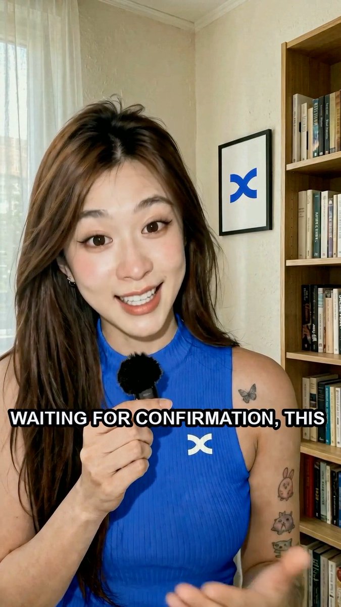 A young woman in a blue top holds a microphone, smiling brightly while standing in front of a bookshelf, with the text "WAITING FOR CONFIRMATION, THIS" displayed across the image. She appears to be recording a video or podcast, likely discussing trading topics related to the upcoming NFP (Non-Farm Payrolls) report mentioned in the post.