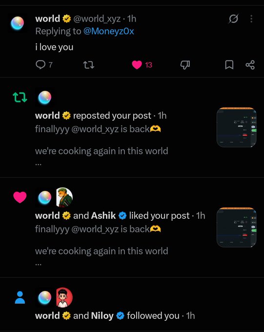A Twitter/X notification feed shows replies and interactions including 'i love you' from user 'world' (@world_xyz) and 'finallyyyy @world_xyz is back we're cooking again in this world' as reposted content.
