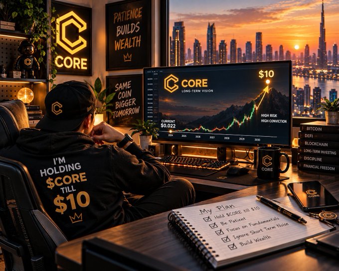 A man wearing a 'I'M HOLDING $CORE TILL $10' hoodie sits at a desk monitoring cryptocurrency charts, with motivational posters including 'PATIENCE BUILDS WEALTH' and a notebook listing plans.