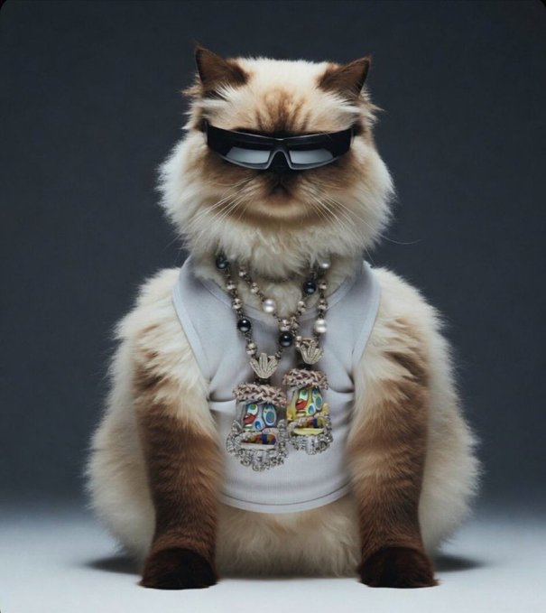 A fluffy cat wearing black sunglasses, multiple beaded necklaces, and a white tank top with decorative patches.