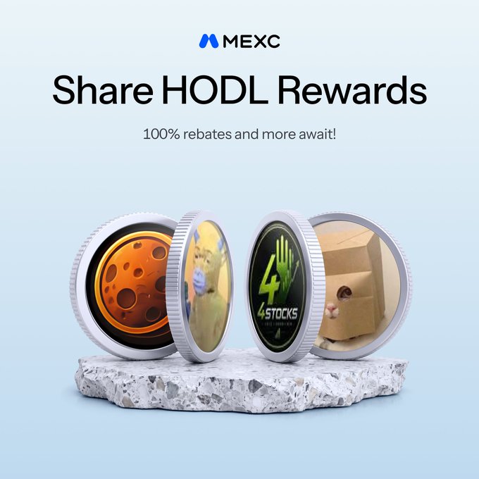 A MEXC promotional graphic titled "Share HODL Rewards — 100% rebates and more await!" features four floating circular icons displaying a moon (Marscoin), a person waving (牛来), a green hand logo with "4STOCKS", and a cat in a box (ZCAT), all resting above a stone slab to visually represent the featured HODL tokens and their associated trading reward campaign.