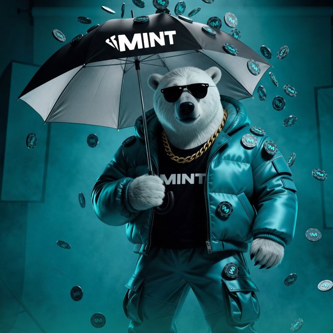 A digital artwork featuring an anthropomorphic polar bear wearing sunglasses, a teal puffer jacket, and a gold chain, holding a black umbrella with the word "MINT" on it while teal coins fall around it.