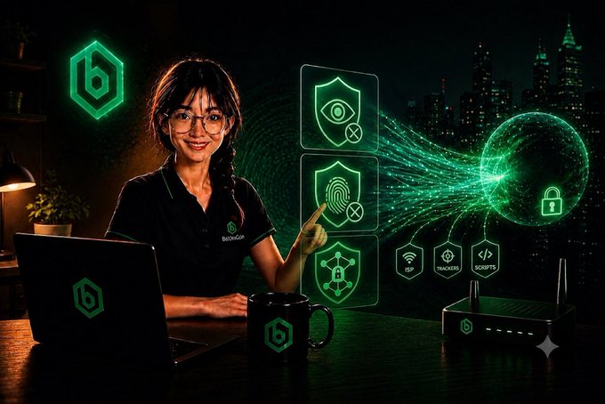 A woman wearing a TechCorp polo shirt sits at a desk with a laptop and mug, pointing to holographic green security icons including privacy, fingerprint, and a network shield.
