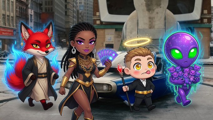 A digital illustration showing four stylized characters—a fox, a woman with cards, an angel boy, and a purple alien—posed in a city street setting.
