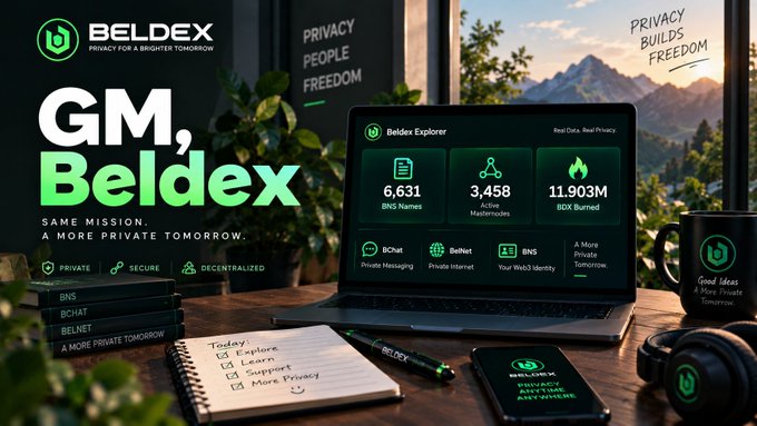 A promotional graphic for 'BELDEX' with the text 'GM, Beldex', 'SAME MISSION. A MORE PRIVATE TOMORROW.', and various metrics on a laptop screen, along with items like a notebook, mug, and smartphone on a desk.
