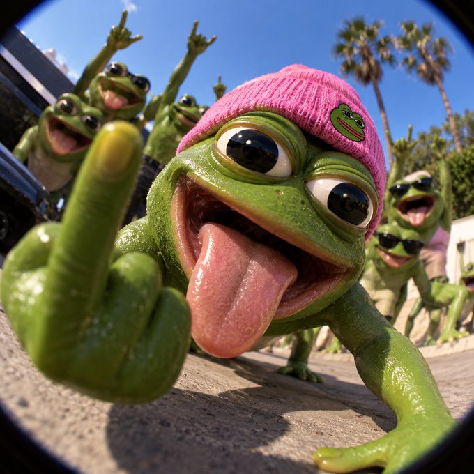 A 3D-rendered frog wearing a pink beanie sticking its tongue out and pointing at the camera, surrounded by other frogs in a sunny outdoor setting.